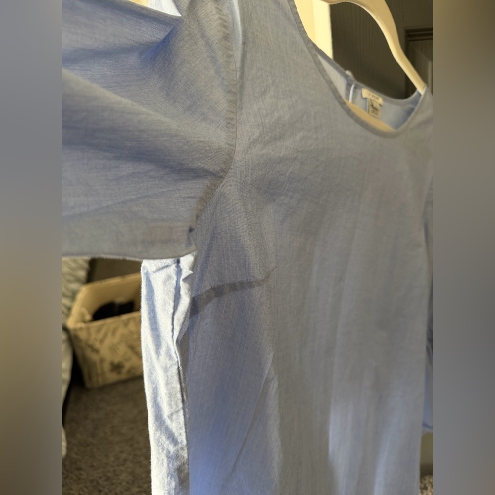 J.Crew Chambray Bell Sleeve Tie Top Light Blue Cotton Blouse Boho Preppy Size L - Picture 10 of 10